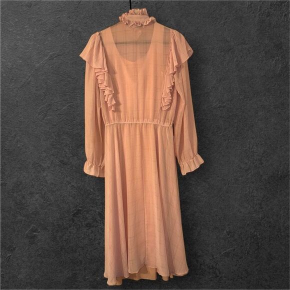 Vintage Miss Ashlee sz S Womens Blush Chiffon Ruffle Midi Dress Prairie Cottage - Picture 4 of 6